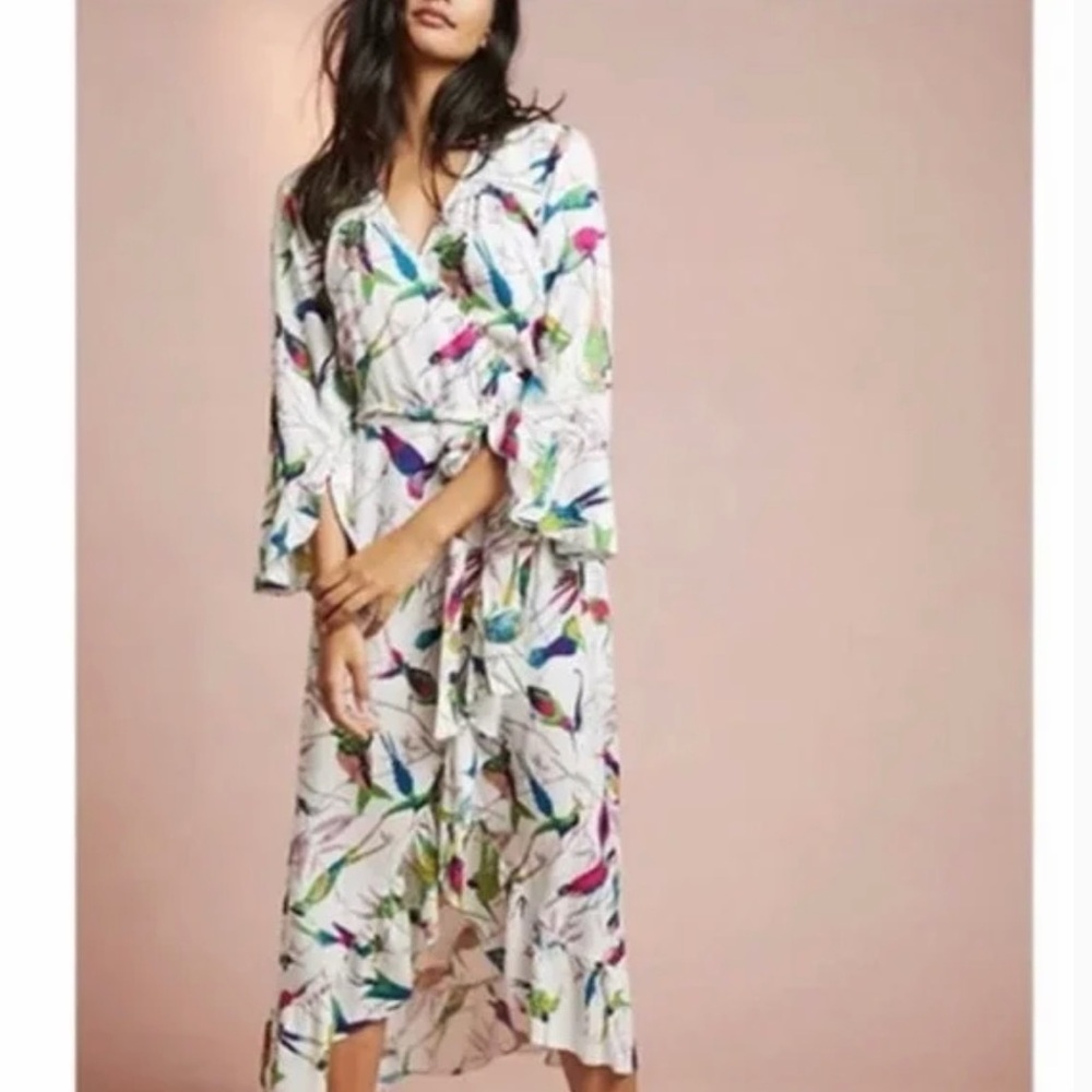Anthropologie Floreat Colorful Bird Print Wrap Maxi Dress